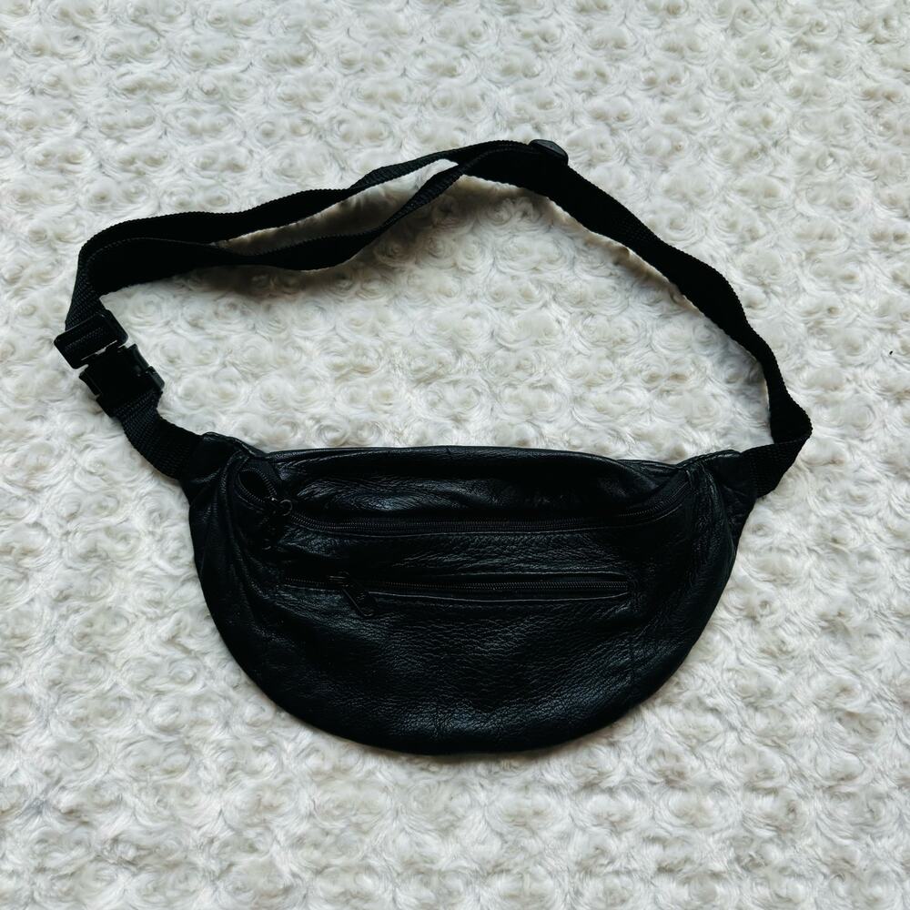 Fanny Pack Classic Black Leather Waist Adjustable 2 Zippered Bag